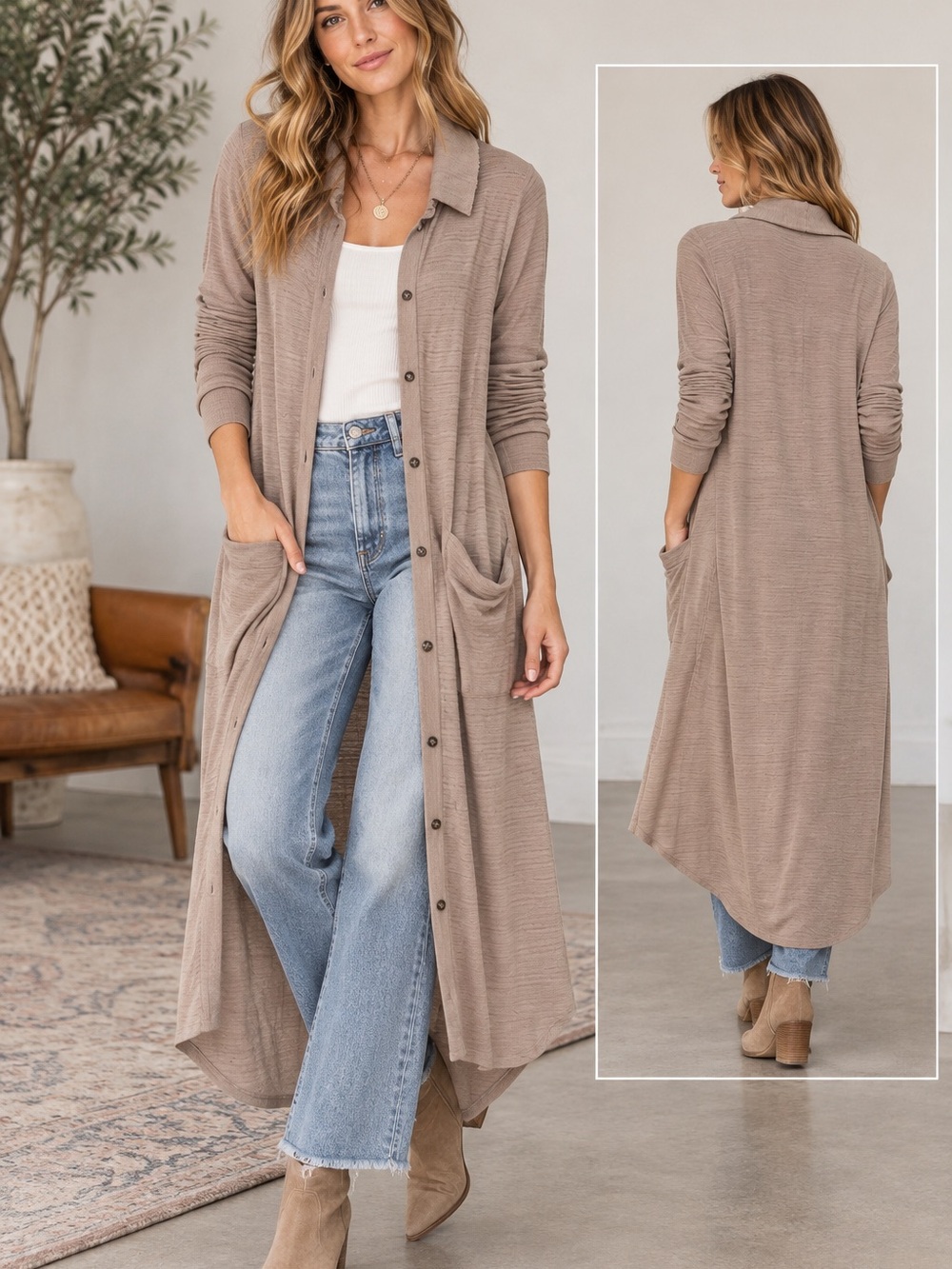🤎MAKE OFFER🤎 NWT Free People Lt Brown Taupe Long Button Cardigan Collar Sz Med